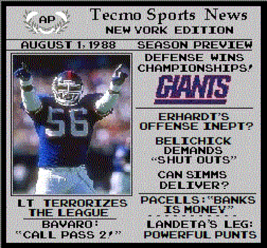 Tecmo Bowl New York Giants season preview newspaper